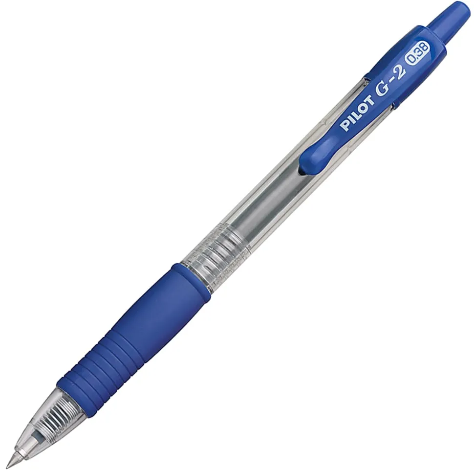 Pilot G2 Retractable Gel Pens, Ultra Fine Point, 0.38 mm, Clear Barrels, Blue Ink, Pack Of 12