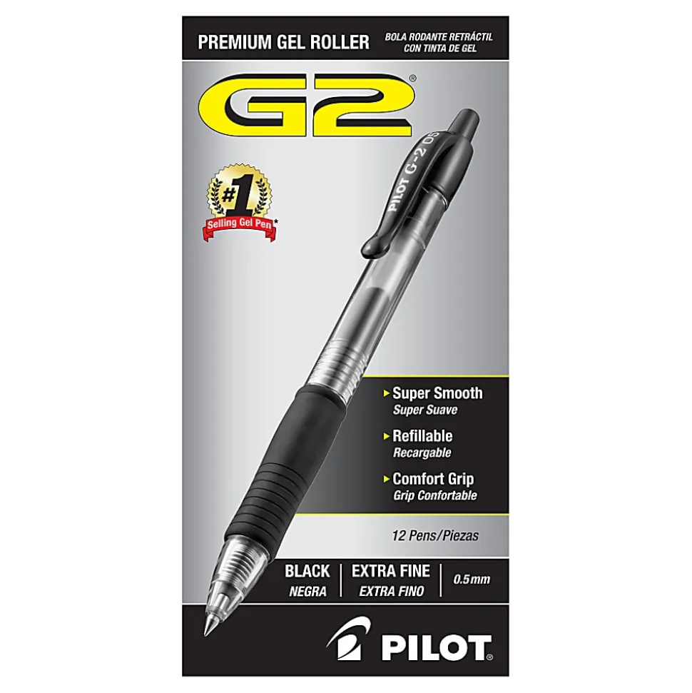Pilot G2 Retractable XFine Gel Ink Rollerball Pens, Extra Fine Point, 0.5 mm, Black Ink, Pack Of 12 Pens