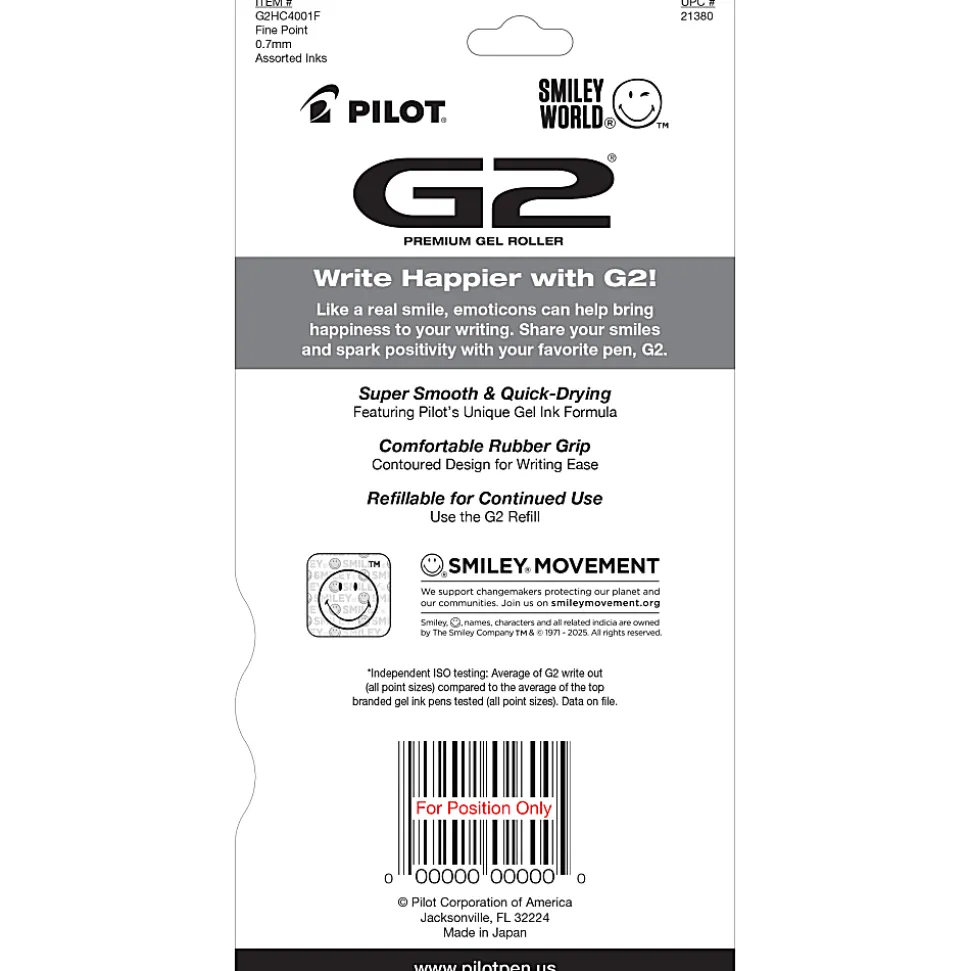 Pilot G2 | SmileyWorld Gel Pens, Fine Point, 0.7mm, Assorted Inks, Pack of 4 Pens