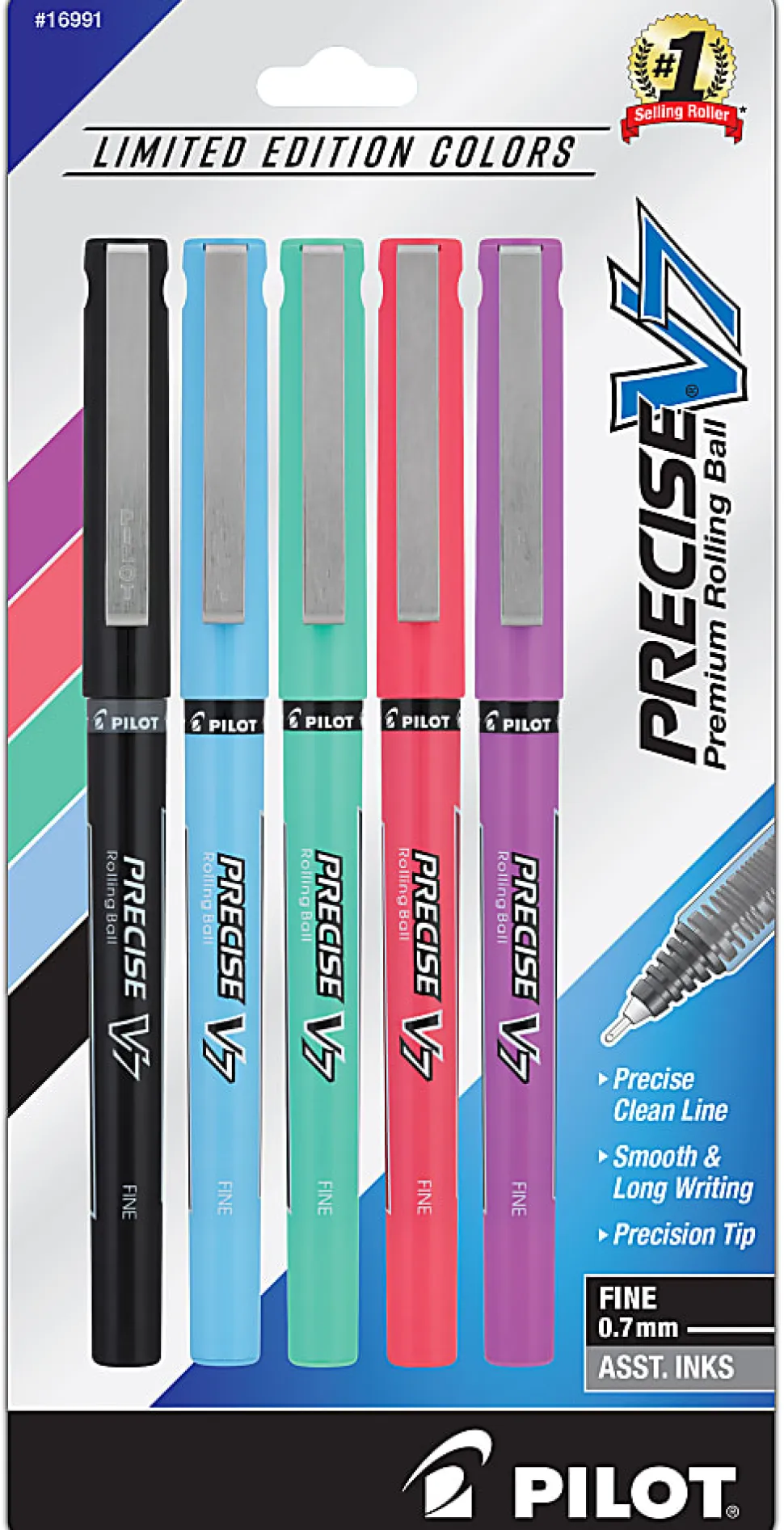 Pilot Precise V7 Harmony Rolling Ball Pens, Fine Point, 0.7mm, Assorted Barrels, Assorted Inks, Pack of 5 Pens