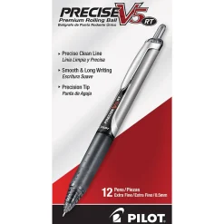 Pilot® Precise™ V5 Liquid Ink Retractable Rollerball Pens, Extra Fine Point, 0.5 mm, Black Barrels, Black Ink, Pack Of 12