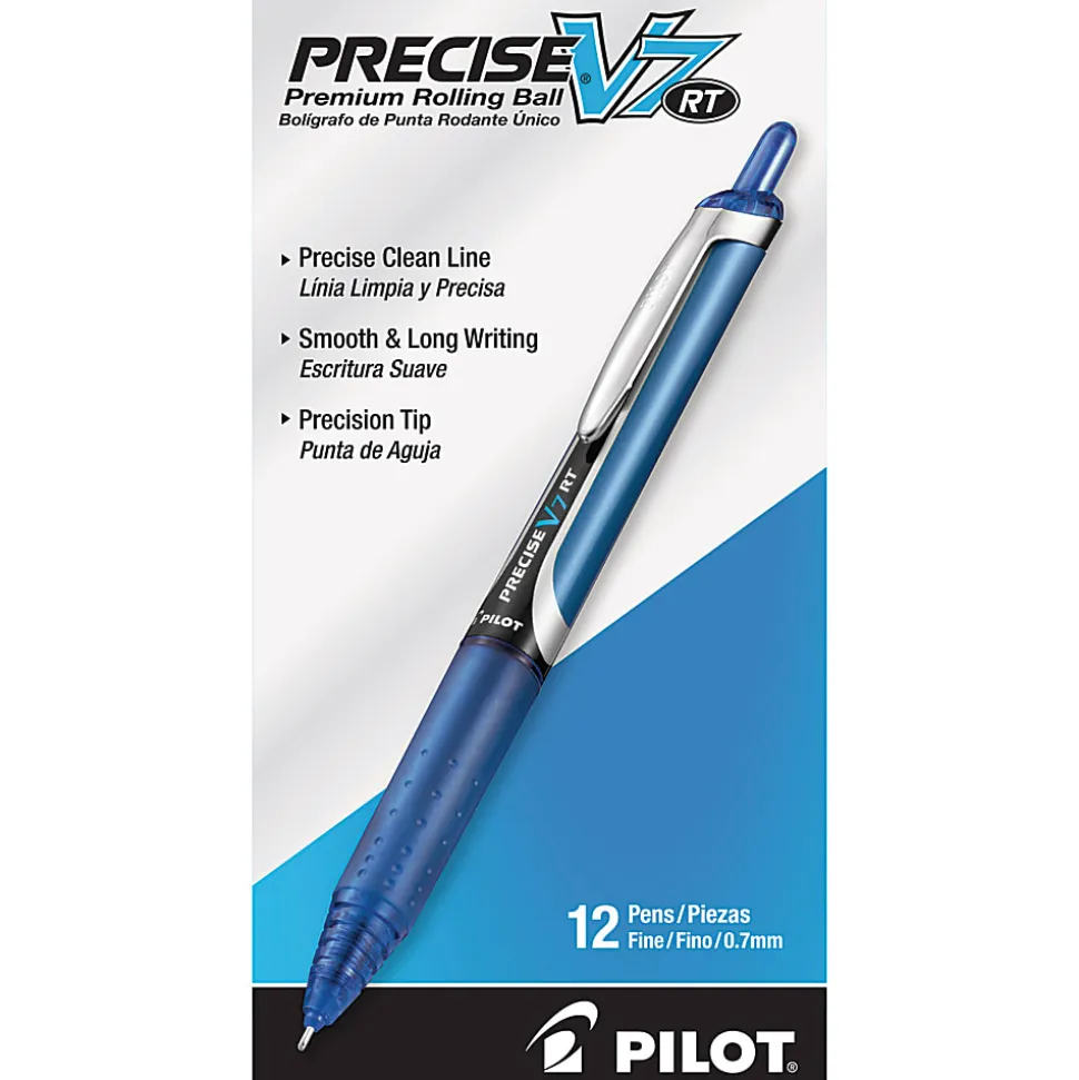 Pilot® Precise™ V7 Liquid Ink Retractable Rollerball Pens, Fine Point, 0.7 mm, Assorted Barrels, Blue Ink, Pack Of 12 Pens