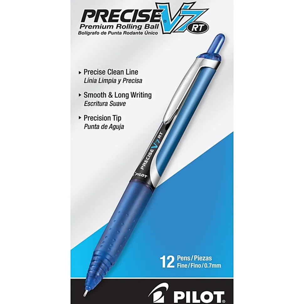 Pilot® Precise™ V7 Liquid Ink Retractable Rollerball Pens, Fine Point, 0.7 mm, Assorted Barrels, Blue Ink, Pack Of 12 Pens