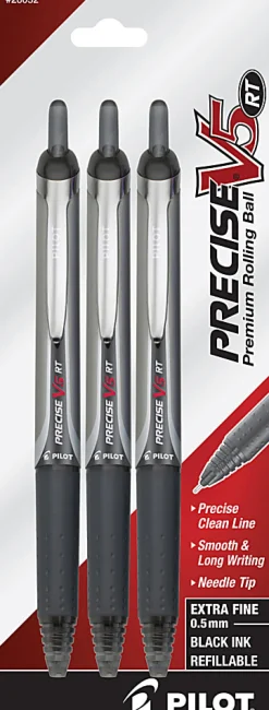 Pilot® Precise™ V5 Liquid Ink Retractable Rollerball Pens, Extra-Fine Point, 0.5mm, Black Barrel, Black Ink, Pack Of 3