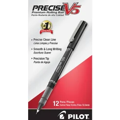 Pilot® Precise™ V5 Liquid Ink Rollerball Pens, Extra Fine Point, 0.5 mm, Black Barrel, Black Ink, Pack Of 12
