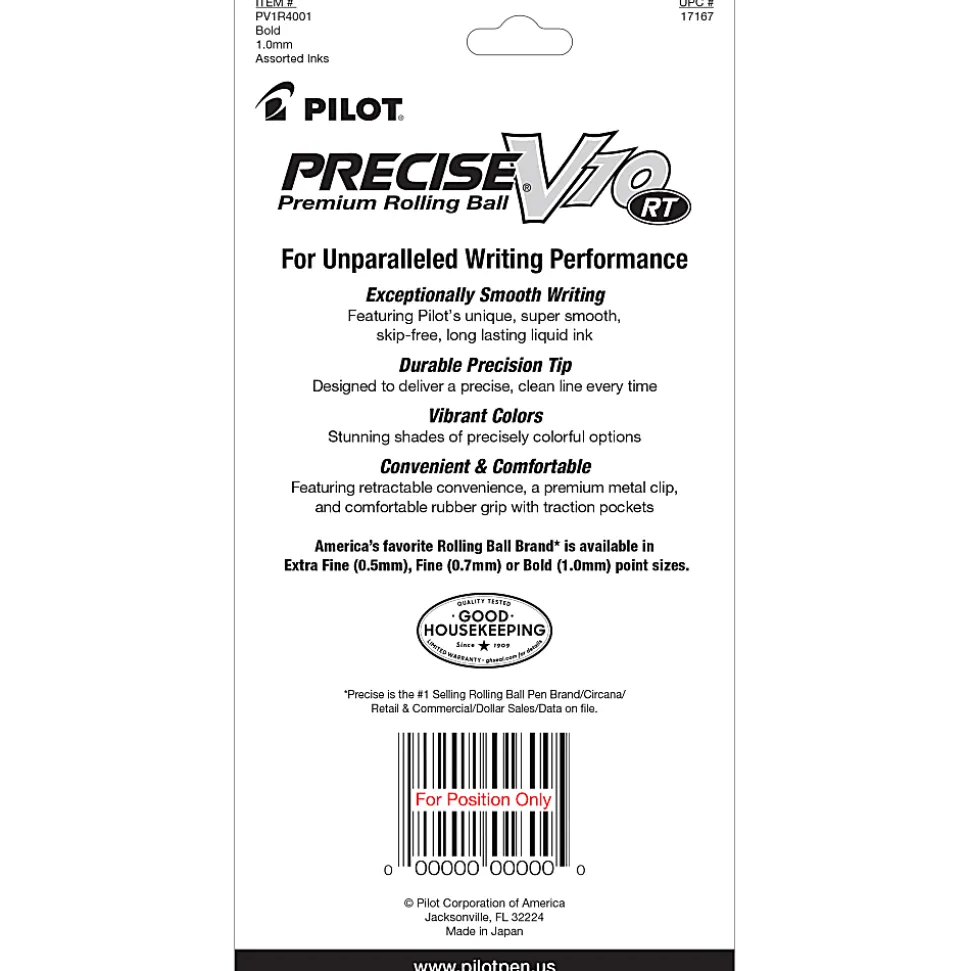 Pilot Precise V10 Retractable Rolling Ball Pens, Bold Point, 1.0 mm, Assorted, Pack Of 4 Pens