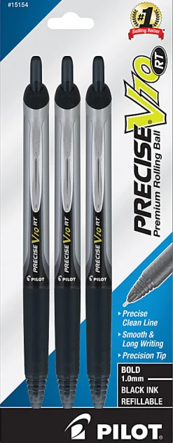 Pilot Precise V10 RT Gel Ink Rolling Ball Pens, Bold Point, 1.0mm, Silver Barrel, Black Ink, Pack of 3 Pens