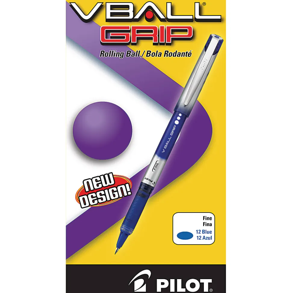 Pilot® V-Ball Grip™ Liquid Ink Rollerball Pens, Fine Point, 0.7 mm, Metallic Silver Gray Barrel, Blue Ink, Pack Of 12 Pens