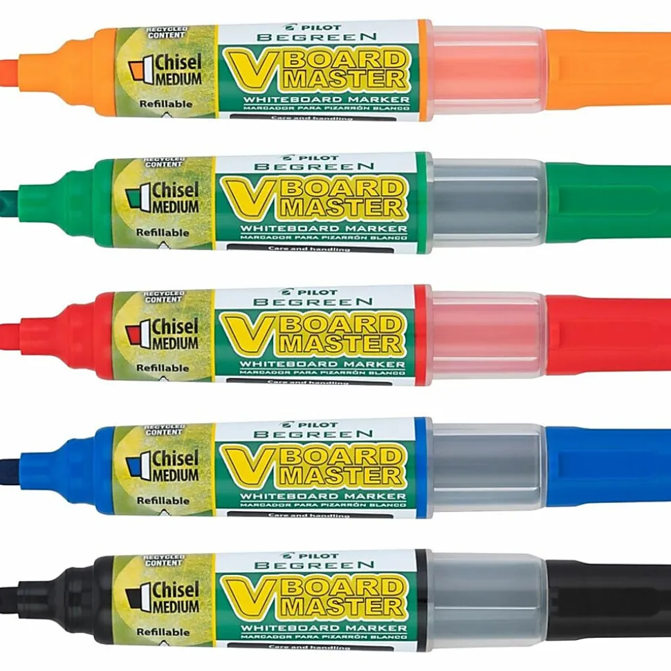 Pilot VBoard Master BeGreen Dry-Erase Markers, Chisel Point, 93% Recycled, Assorted inks, Pack of 5 Markers