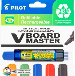 Pilot VBoard Master BeGreen Dry-Erase Markers, Chisel Point, 93% Recycled, Assorted inks, Pack of 5 Markers