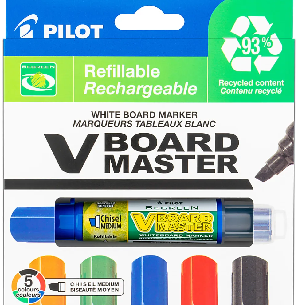Pilot VBoard Master BeGreen Dry-Erase Markers, Chisel Point, 93% Recycled, Assorted inks, Pack of 5 Markers