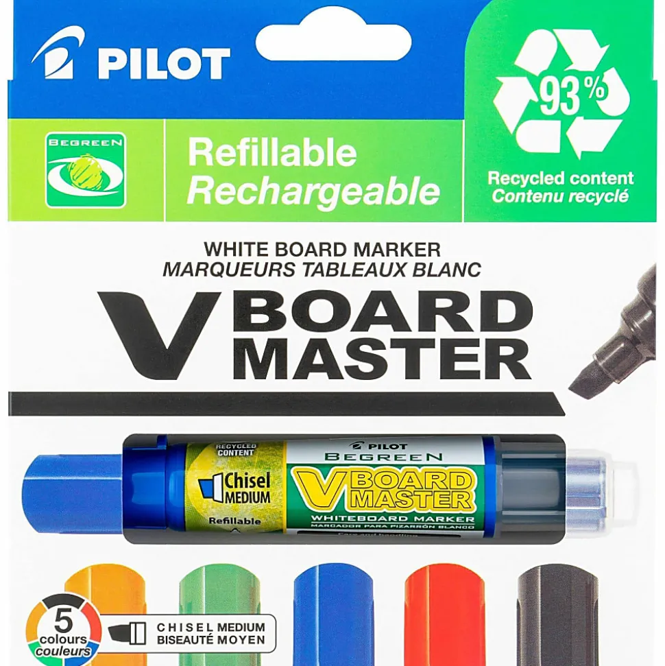 Pilot VBoard Master BeGreen Dry-Erase Markers, Chisel Point, 93% Recycled, Assorted inks, Pack of 5 Markers