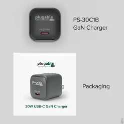 Plugable GaN USB C Charger Block, 30W Portable Charger - Foldable Prongs, PPS USBC Fast Charger - PS30C1B