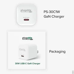 Plugable GaN USB C Charger Block, 30W Portable Charger - Foldable Prongs, PPS USBC Fast Charger - PS30C1W