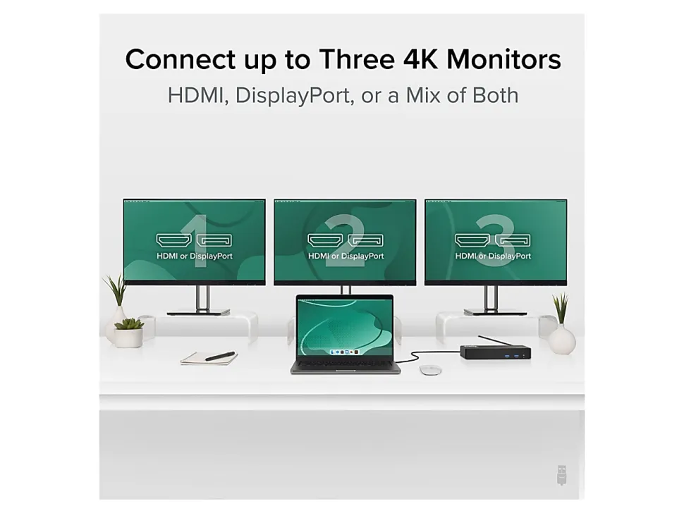 Plugable 12-in-1 USB C Docking Station Triple 4K Displays with 3x HDMI or 3x DisplayPort with 60W Charging