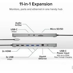 Plugable 11-in-1 USB-C Hub 100W USB-C Pass-through, Laptop Docking Station Dual Monitor with 4K 60Hz HDMI - USBC11IN1E