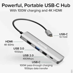 Plugable USB C Hub Multiport Adapter, 4 in 1, 100W Pass Through Charging USB C to HDMI 4K 60Hz - Multi USB Port Hub  - USBC4IN1