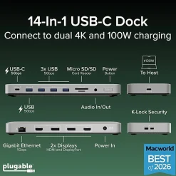 Plugable USB C Laptop Docking Station, Dual Monitor 4K 60Hz  - UD6950PDH