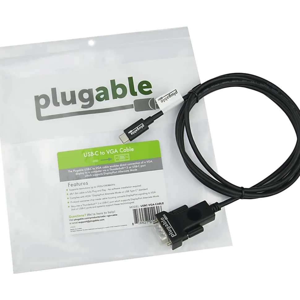 Plugable USB C to VGA Cable - Connect Your USB-C or Thunderbolt 3 Laptop to VGA Displays up to 1920x1080@60Hz - Plugable USB C to VGA Cable