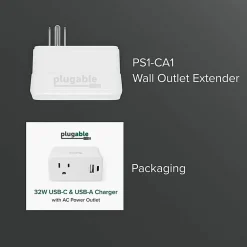 Plugable Wall Outlet Extender with 1x USB-C and 1x USB, 32W USB C Charger Block - USBC Fast Charger - PS1CA1