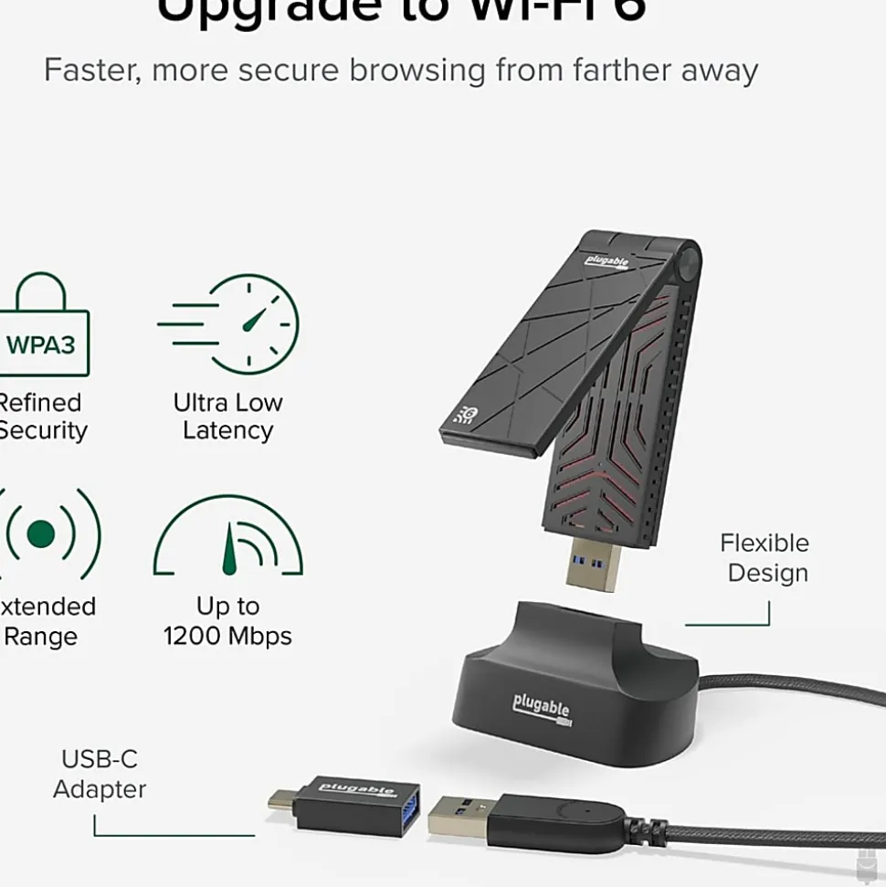 Plugable WiFi 6 USB WiFi Adapter for Desktop PC and Laptops, AX1800 USB 3.0 and USB C - Wireless Adapter with 2.4 GHz + 5GHz Dual Band Connection