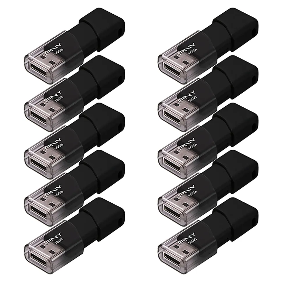 PNY Attache 3 USB 2.0 Flash Drives, 16GB, Black, Pack Of 10 Flash Drives
