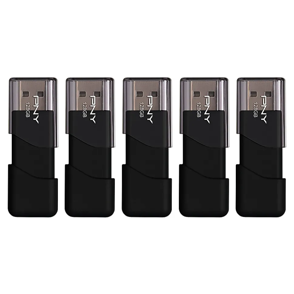 PNY Attaché 3 USB 2.0 Flash Drives, 128GB, Black, Pack Of 5 Drives