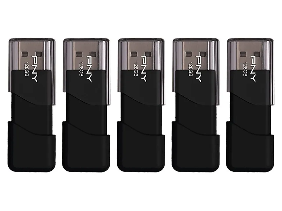 PNY Attaché 3 USB 2.0 Flash Drives, 128GB, Black, Pack Of 5 Drives