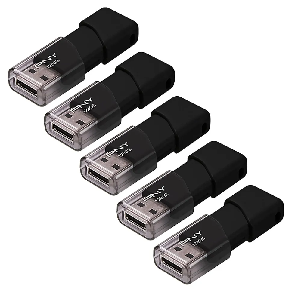 PNY Attaché 3 USB 2.0 Flash Drives, 128GB, Black, Pack Of 5 Drives