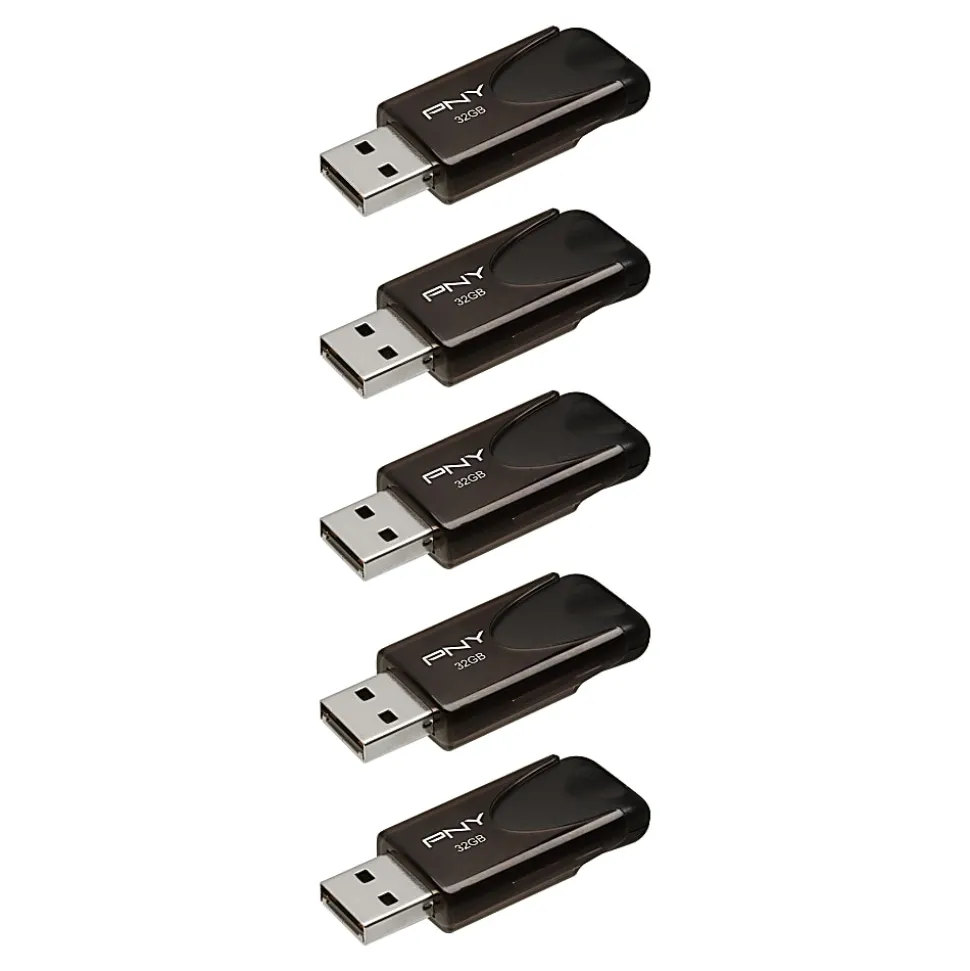 PNY Attaché 4 USB 2.0 Flash Drives, 32GB, Black, Pack Of 5 Drives