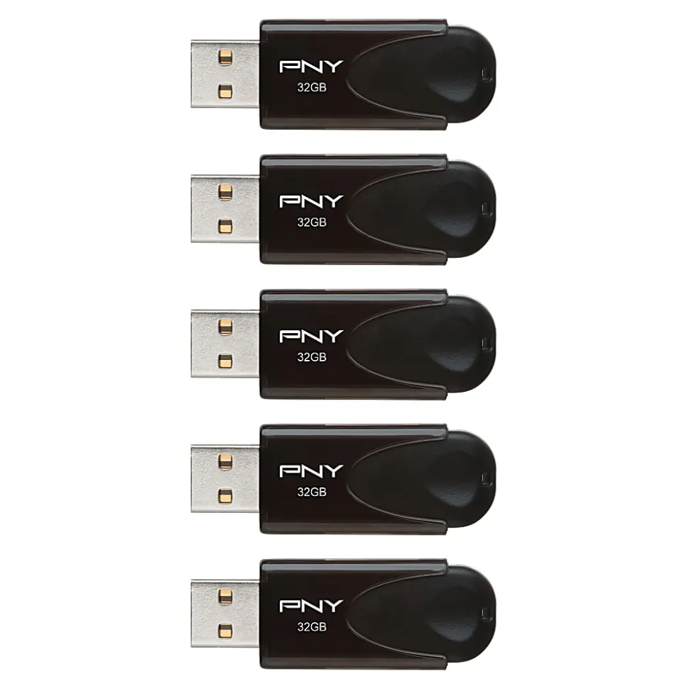 PNY Attaché 4 USB 2.0 Flash Drives, 32GB, Black, Pack Of 5 Drives