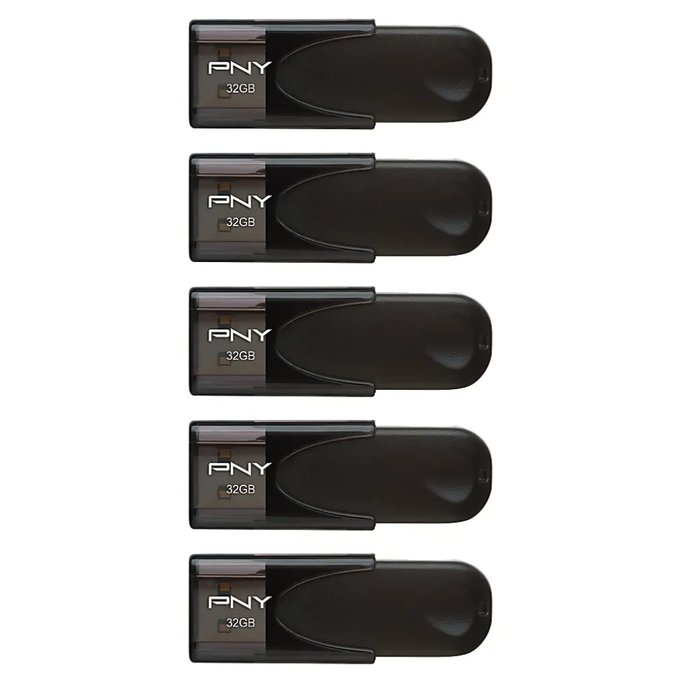 PNY Attaché 4 USB 2.0 Flash Drives, 32GB, Black, Pack Of 5 Drives