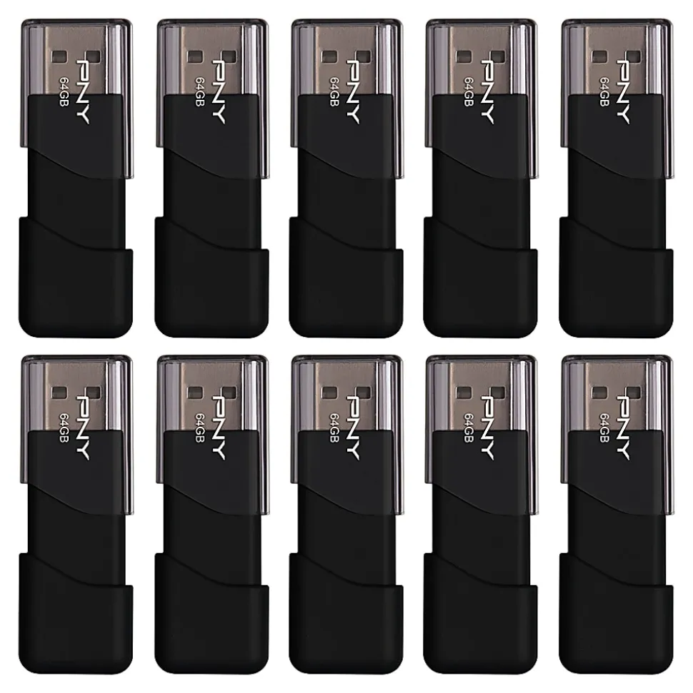 PNY Attaché 3 USB 2.0 Flash Drives, 64GB, Black, Pack Of 10 Drives