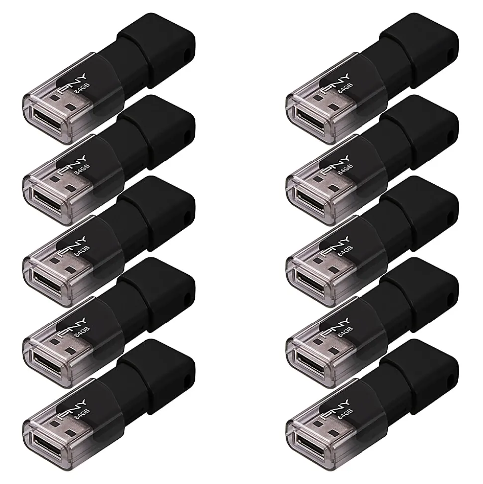 PNY Attaché 3 USB 2.0 Flash Drives, 64GB, Black, Pack Of 10 Drives