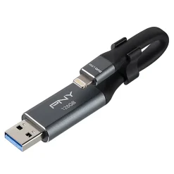PNY Duo Link iOS USB 3.0 OTG Flash Drive, 128GB, Metal/Gray