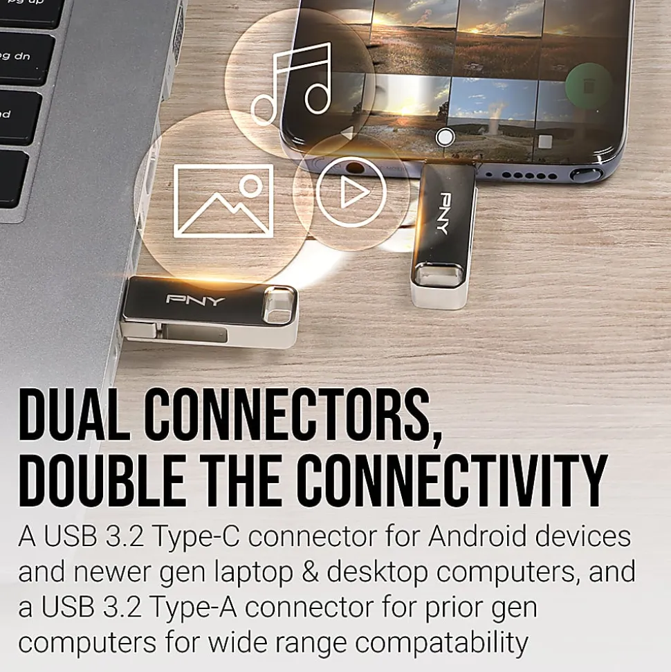 PNY DUO LINK USB 3.2 Type-C Dual Flash Drives, 128GB, Silver