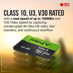 PNY 128GB Elite-X Class 10 U3 V30 microSDXC Flash Memory Card,- Class 10, U3, V30, UHS-I