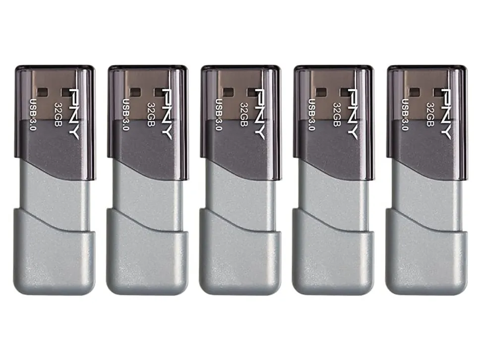 PNY Turbo Attaché 3 USB 3.0 Flash Drives, 32GB, Silver, Pack Of 5 Drives