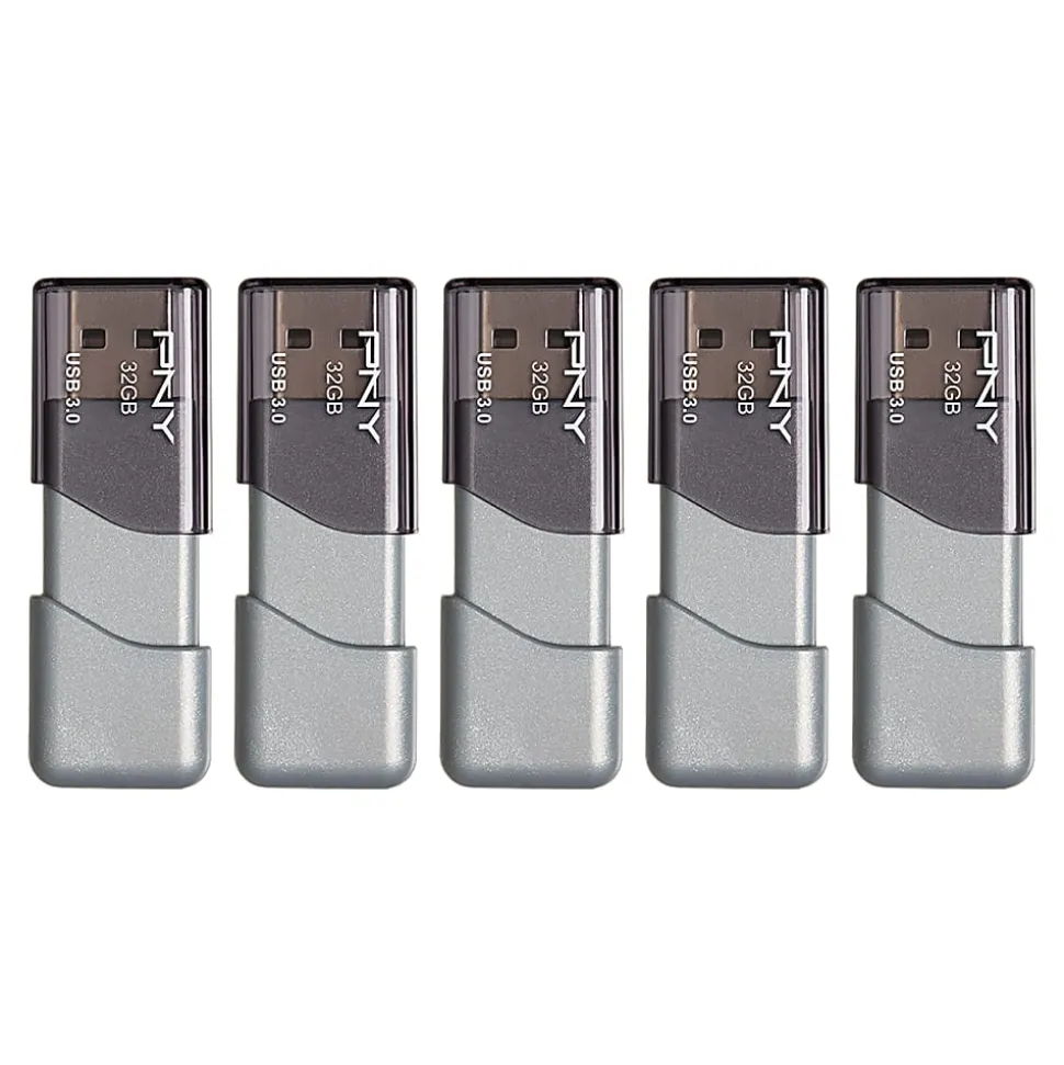 PNY Turbo Attaché 3 USB 3.0 Flash Drives, 32GB, Silver, Pack Of 5 Drives