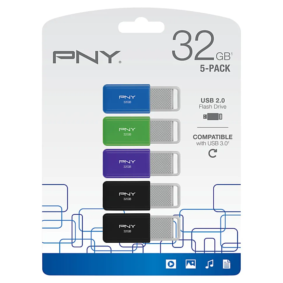 PNY USB 2.0 Flash Drives, 32GB, Assorted Colors, Pack Of 5 Flash Drives