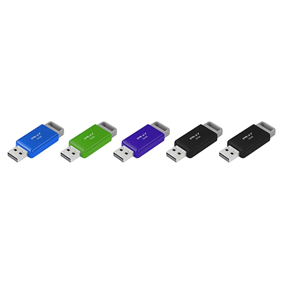 PNY USB 2.0 Flash Drives, 32GB, Assorted Colors, Pack Of 5 Flash Drives