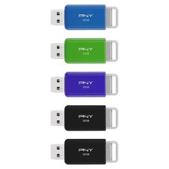 PNY USB 2.0 Flash Drives, 32GB, Assorted Colors, Pack Of 5 Flash Drives