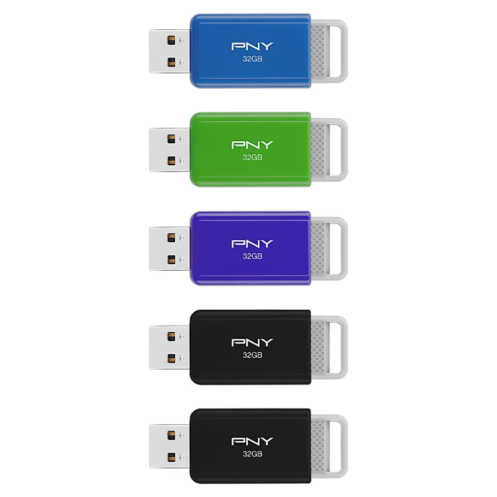 PNY USB 2.0 Flash Drives, 32GB, Assorted Colors, Pack Of 5 Flash Drives