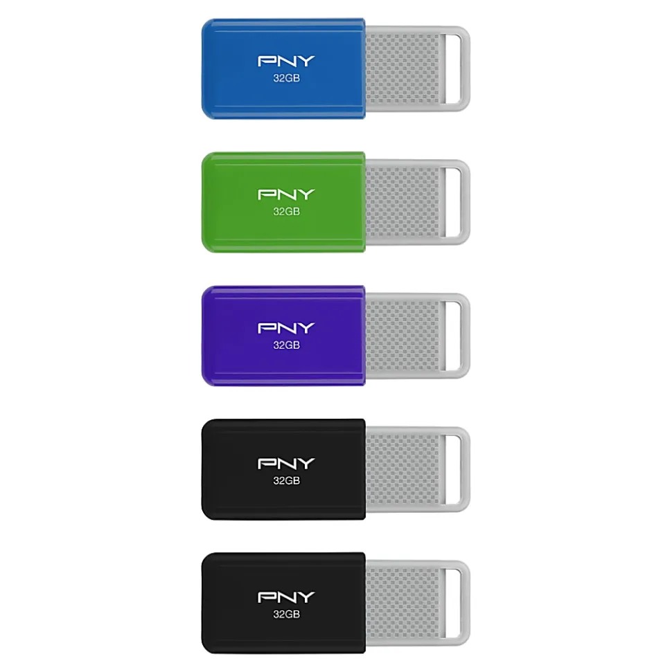 PNY USB 2.0 Flash Drives, 32GB, Assorted Colors, Pack Of 5 Flash Drives