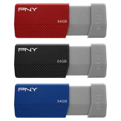 PNY USB 3.0 Flash Drives, 64GB, Assorted Colors, Pack Of 3 Drives