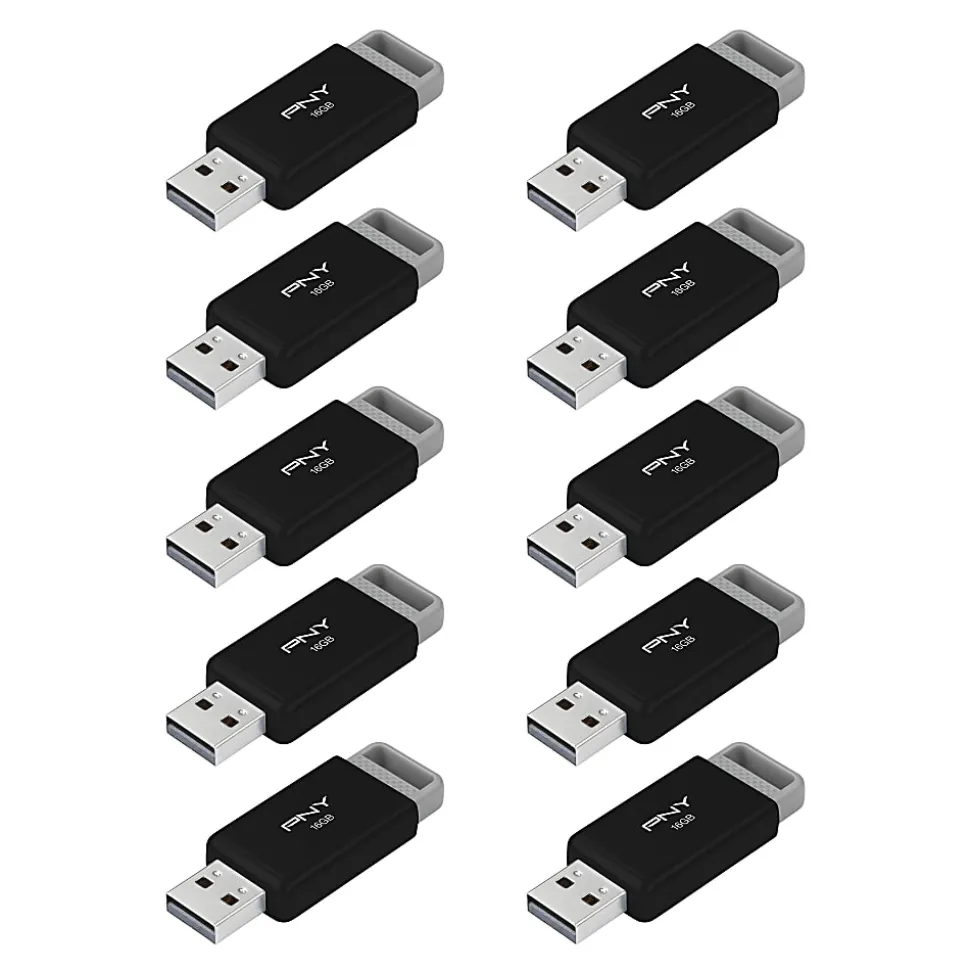PNY USB 2.0 Flash Drives, 16GB, Black, Pack Of 10 Drives