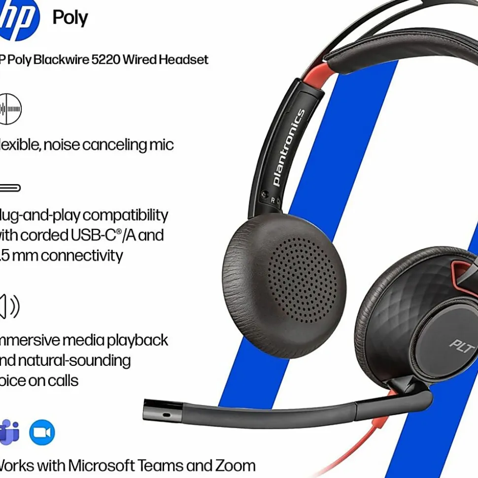 Poly Blackwire 5220 Stereo USB-C Headset + 3.5mm Plug + USB-C/A Adapter - Microsoft Teams Certification - 8X231AA
