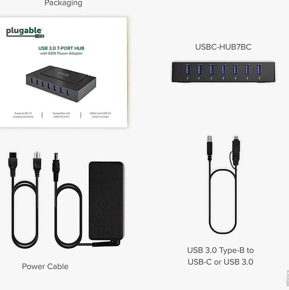 7 Port USB Charging Hub for Laptops with USB-C or USB 3.0 - Plugable USB Charging Station - USBCHUB7BC