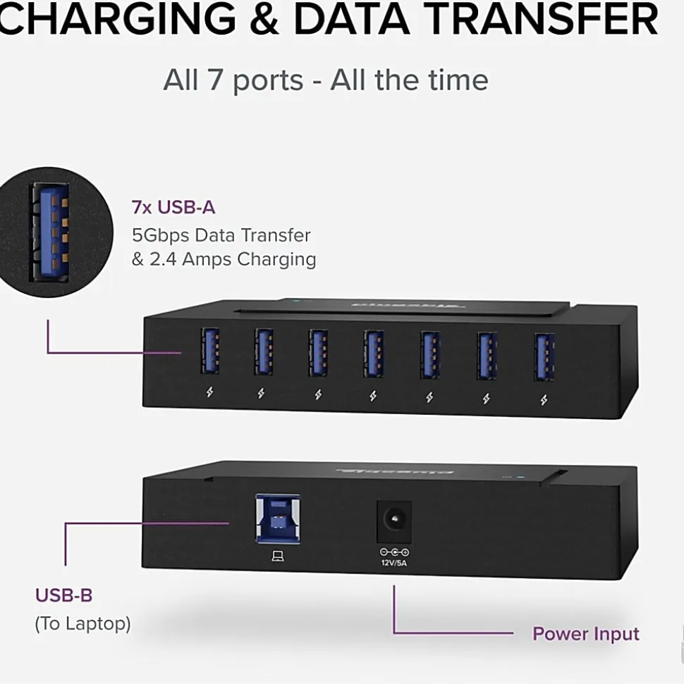 7 Port USB Charging Hub for Laptops with USB-C or USB 3.0 - Plugable USB Charging Station - USBCHUB7BC