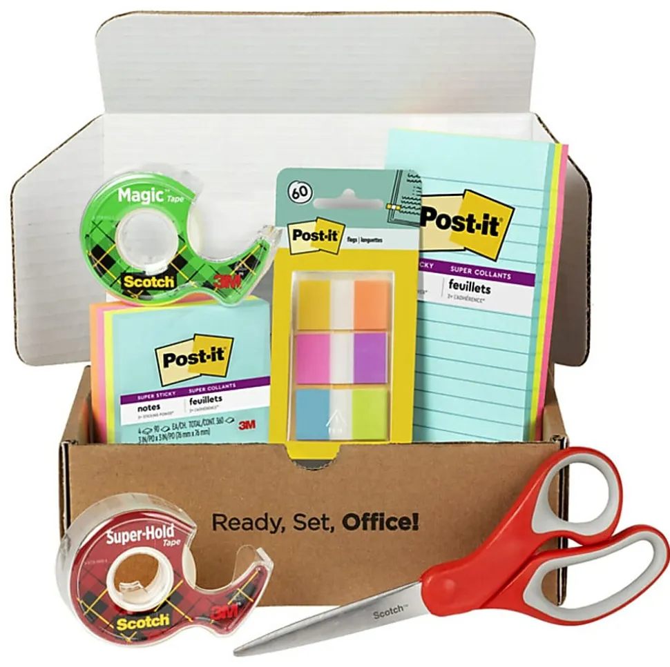 Post-it® and Scotch® Brand Essentials Pack, Super Sticky Notes, Super Hold Tape, Magic Tape, Flags, and Scissors, School Supplies and Office Products